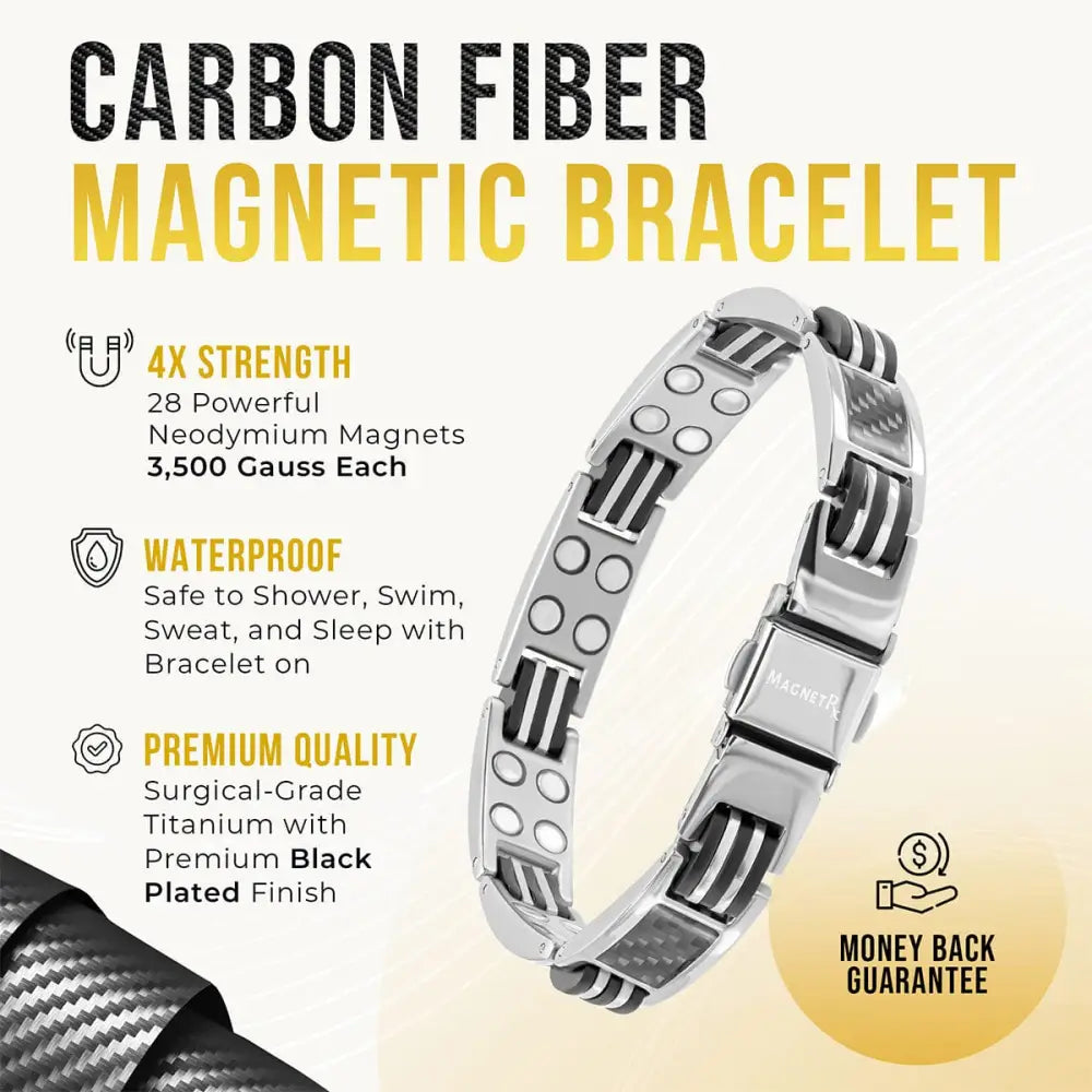 Silver carbon fiber titanium magnetic bracelet for men featuring black carbon fiber and surgical-grade titanium links