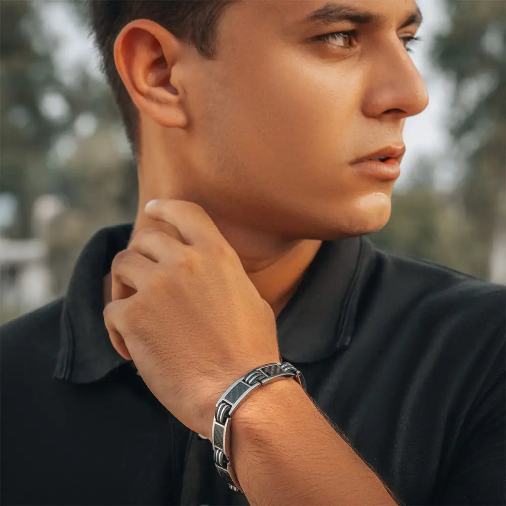 Silver carbon fiber titanium magnetic bracelet for men with sleek silver tone and modern geometric dark inlaid accents