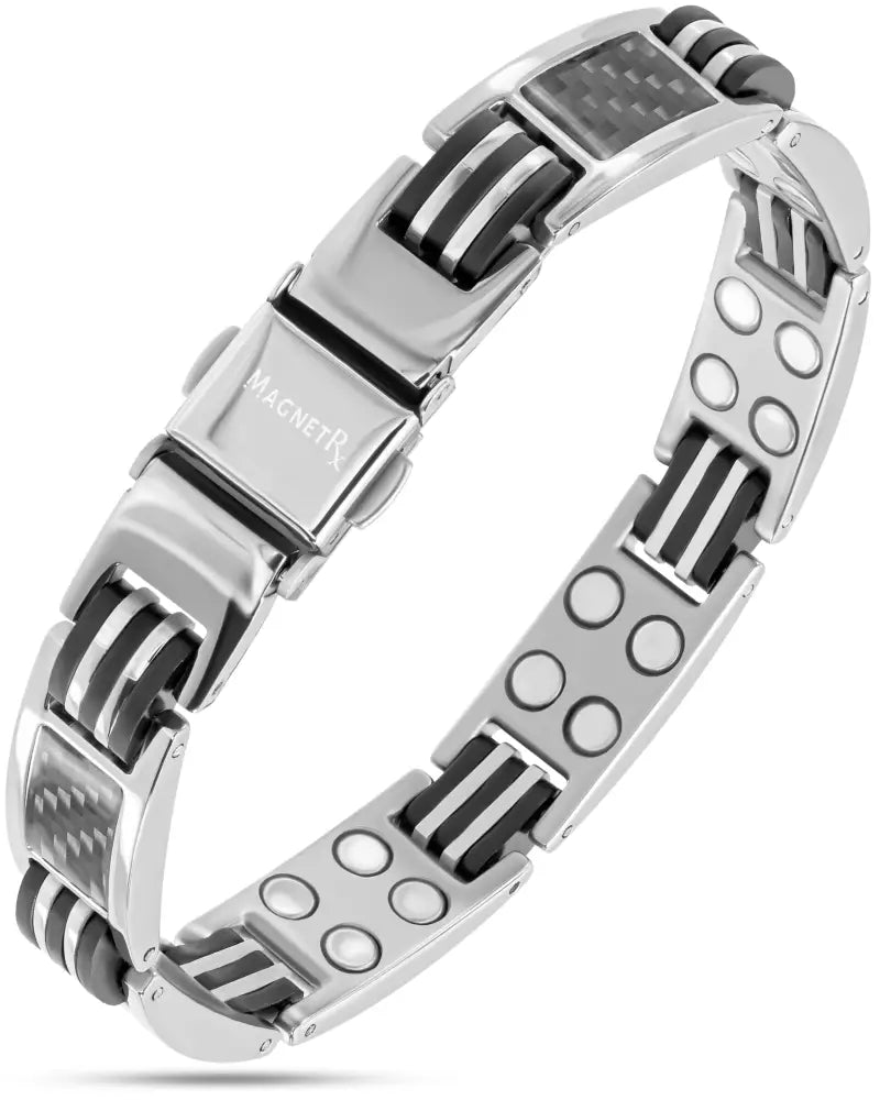 Silver carbon fiber titanium magnetic bracelet for men with black accents and circular magnet inlays