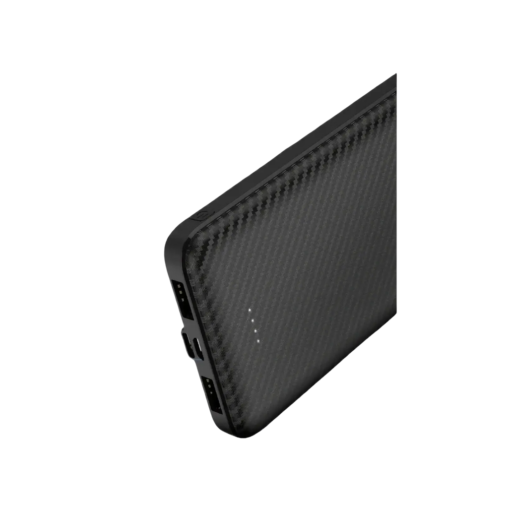 Black carbon fiber portable power bank with dual USB ports and indicator lights for efficient charging