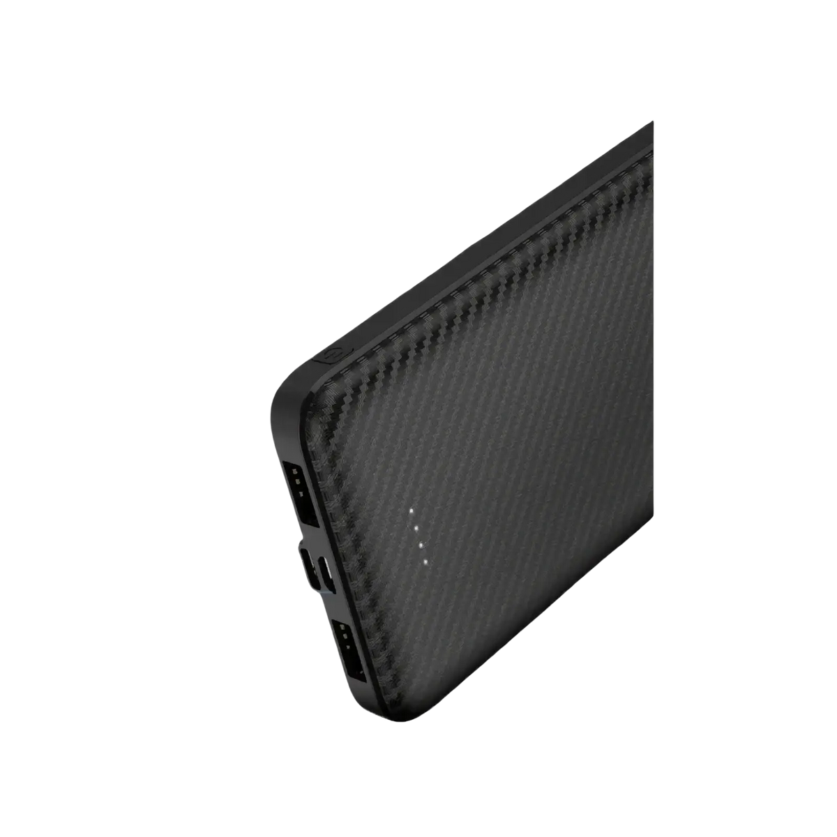 Black carbon fiber portable power bank with dual USB ports and indicator lights for efficient charging