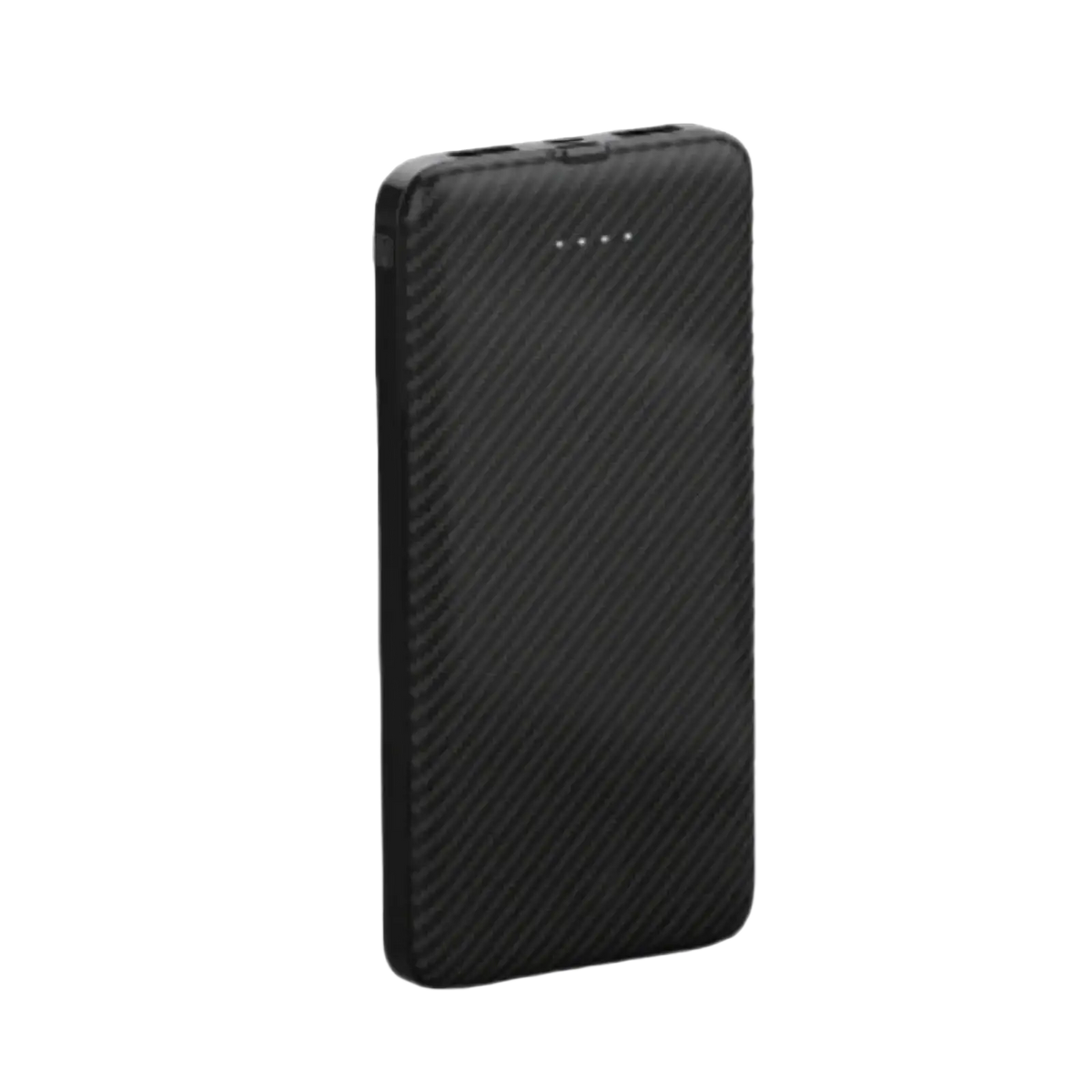 Black carbon fiber portable power bank with dual USB ports and subtle LED indicator lights in a sleek rectangular design