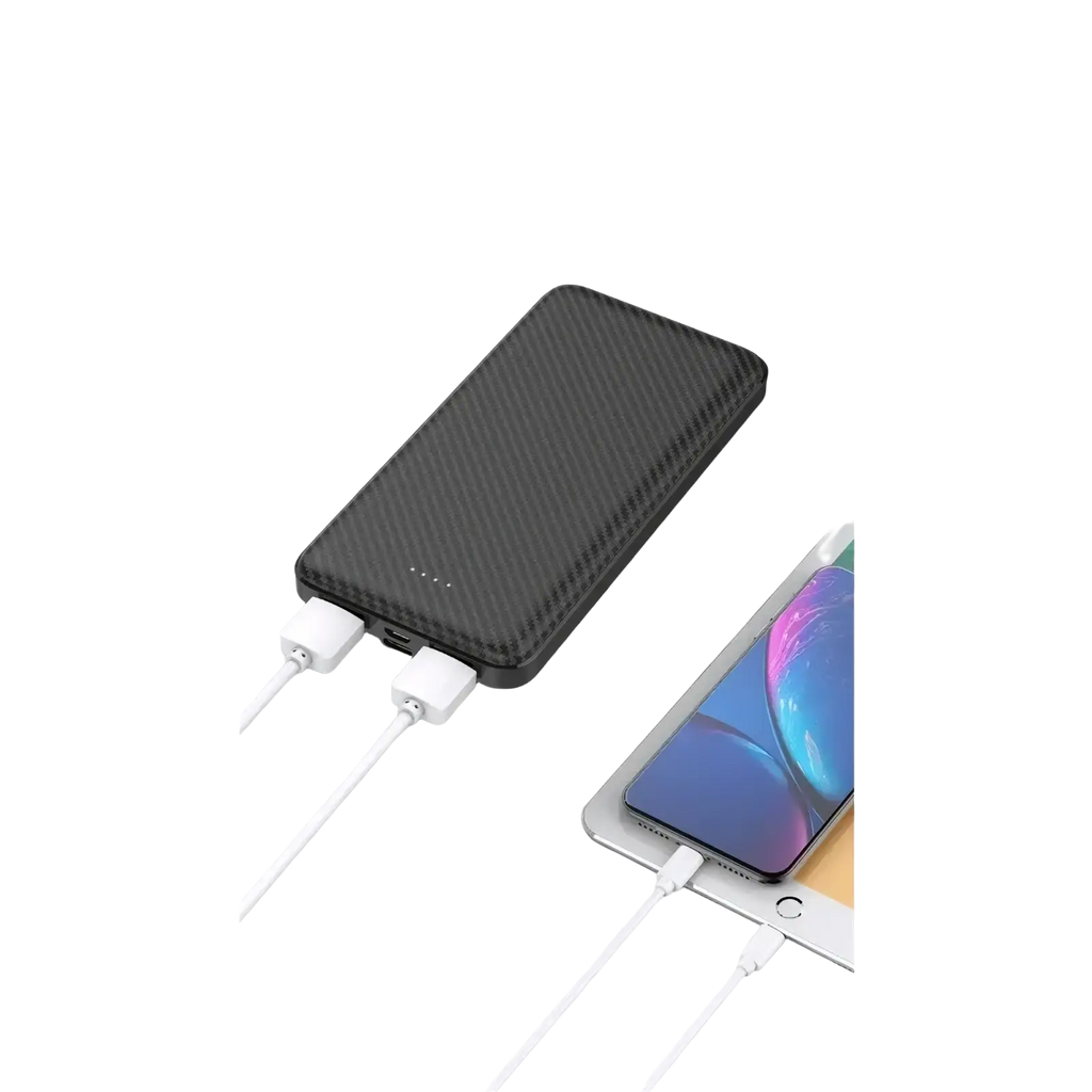 Black carbon fiber portable power bank with dual USB ports and white charging cables for convenient charging