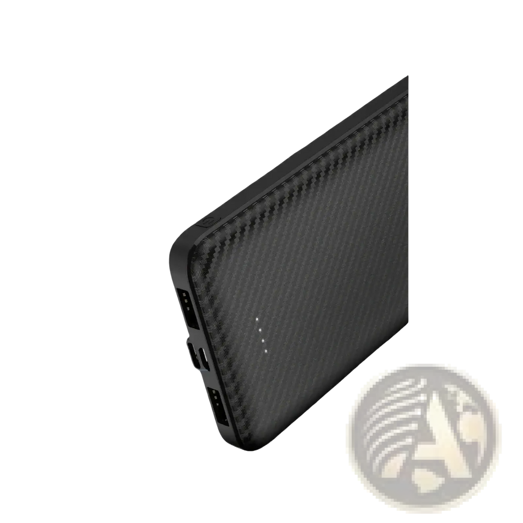 Black carbon fiber portable power bank with dual USB ports and indicator lights for efficient charging