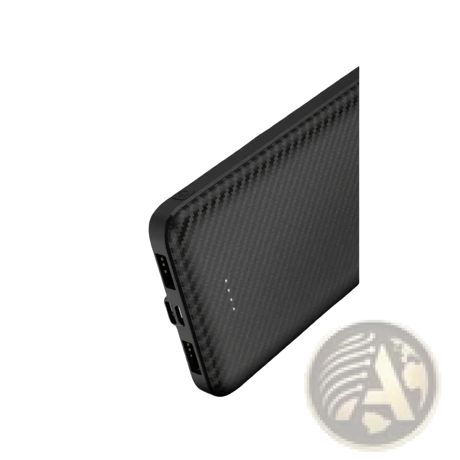 Black carbon fiber portable power bank with dual USB ports and indicator lights for efficient charging
