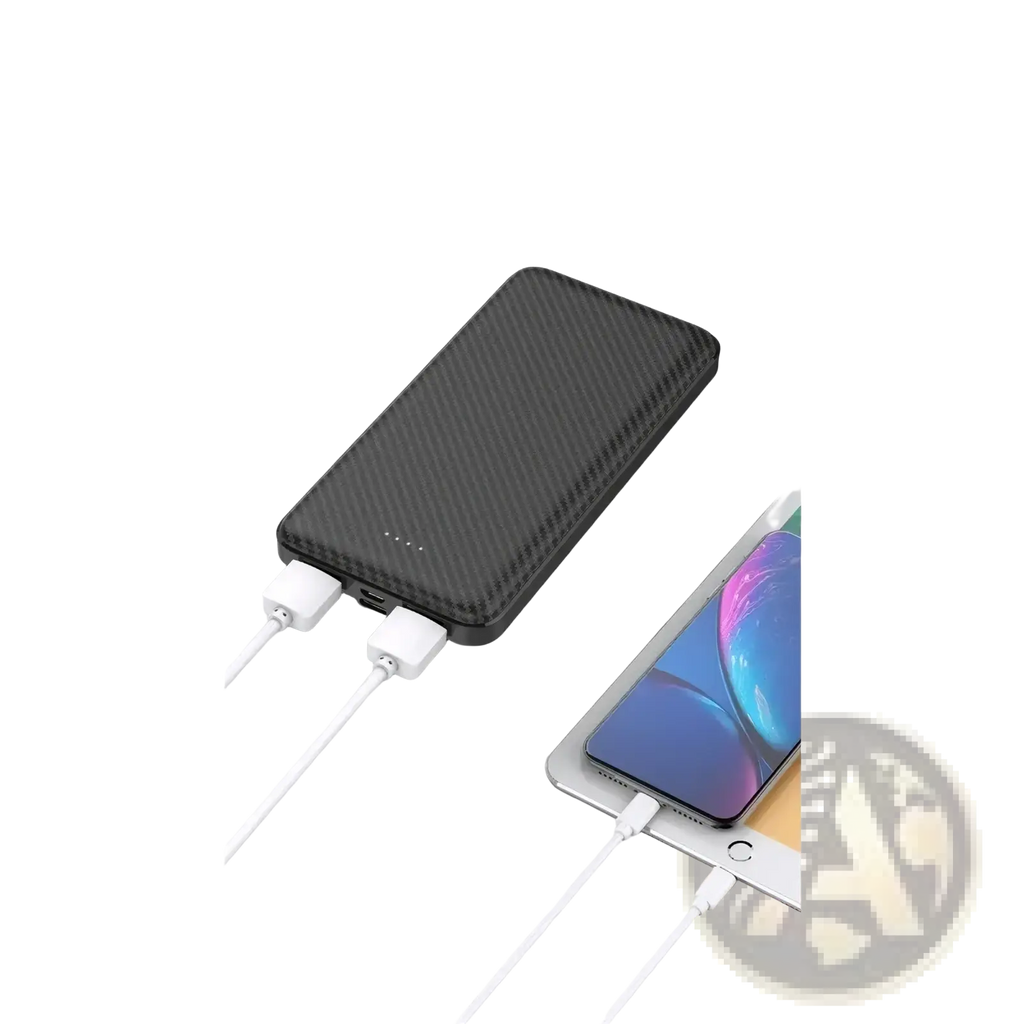 Black carbon fiber portable power bank with dual USB ports and white charging cables for convenient charging
