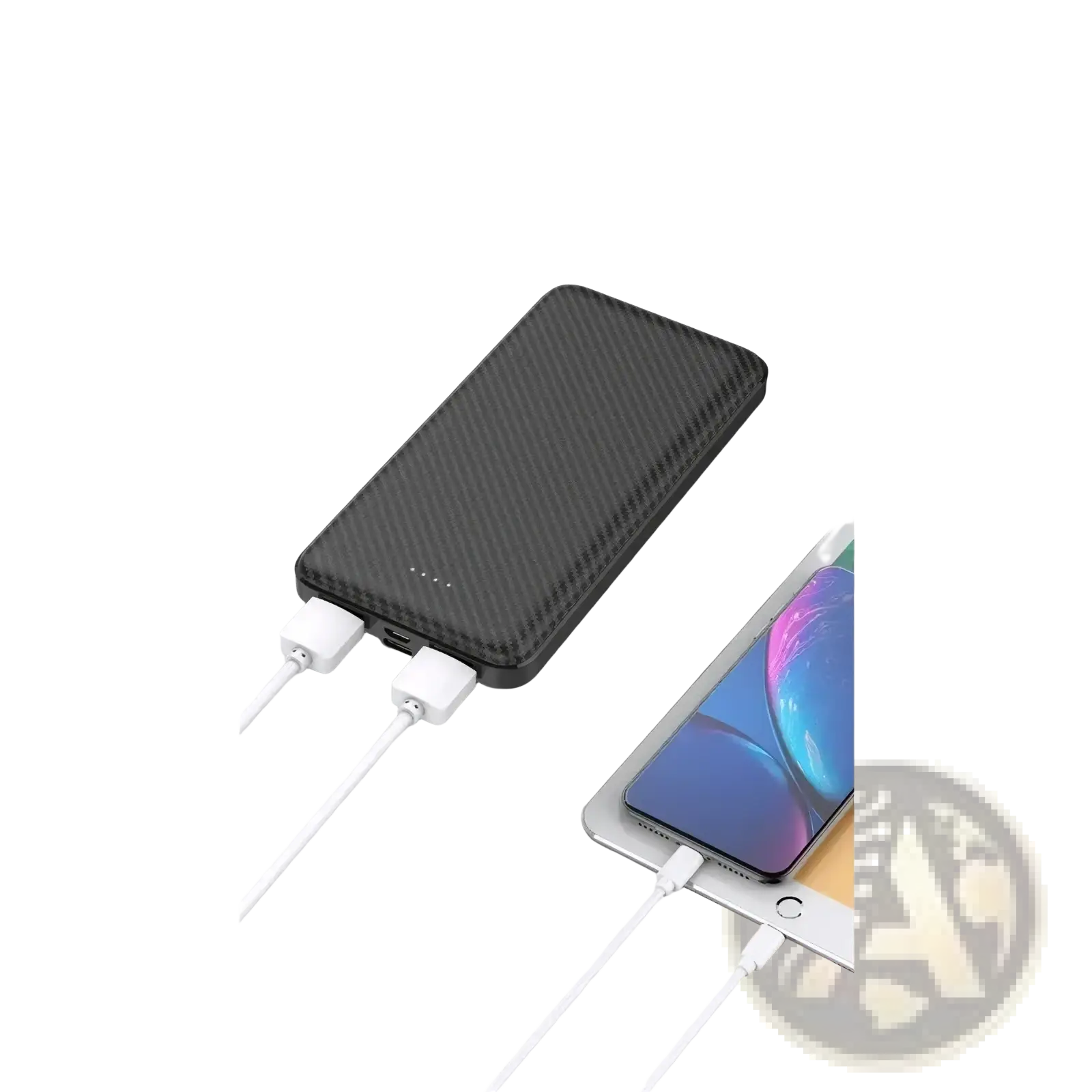 Black carbon fiber portable power bank with dual USB ports and white charging cables for convenient charging