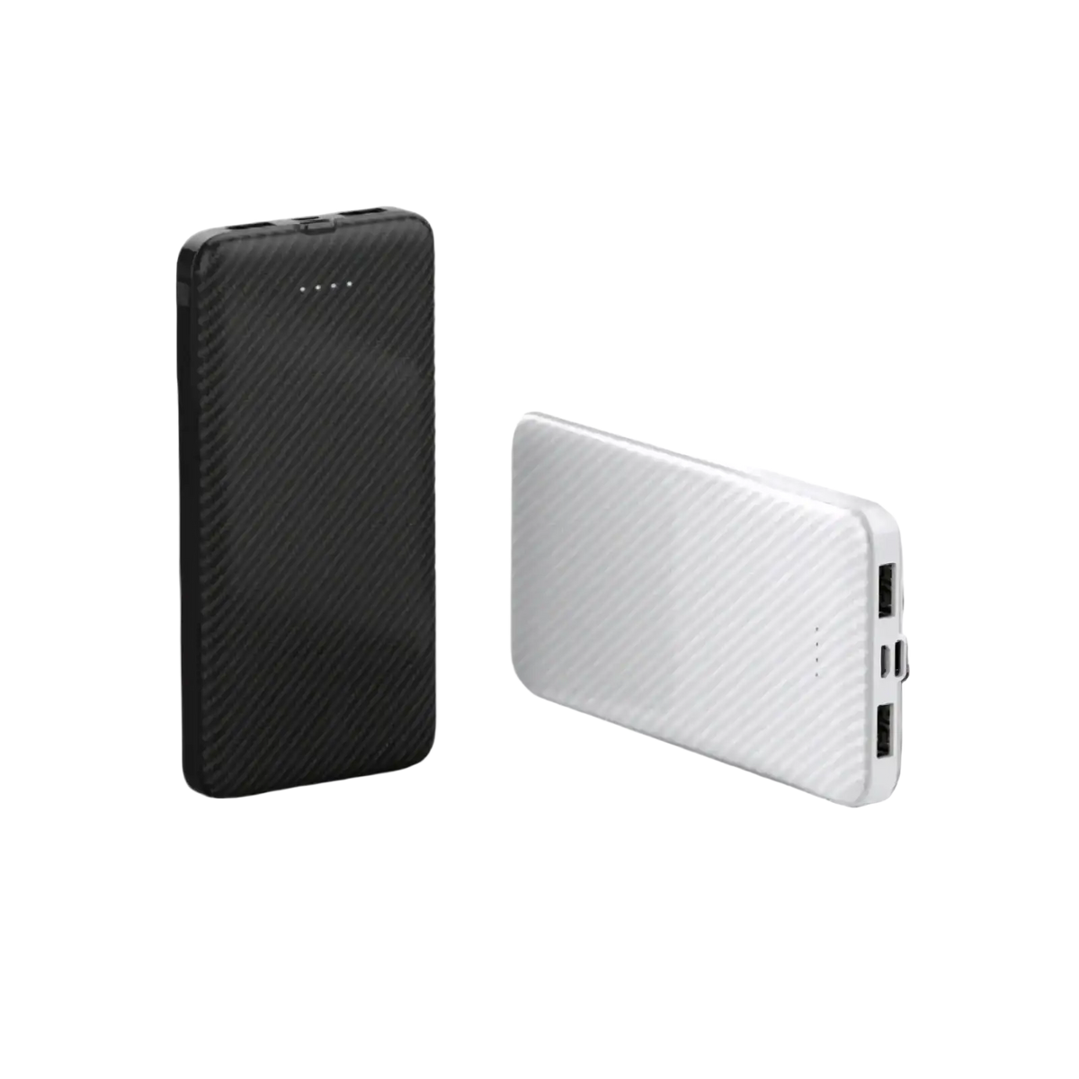 Black and white carbon fiber portable power banks with textured finish and dual usb for convenient device charging