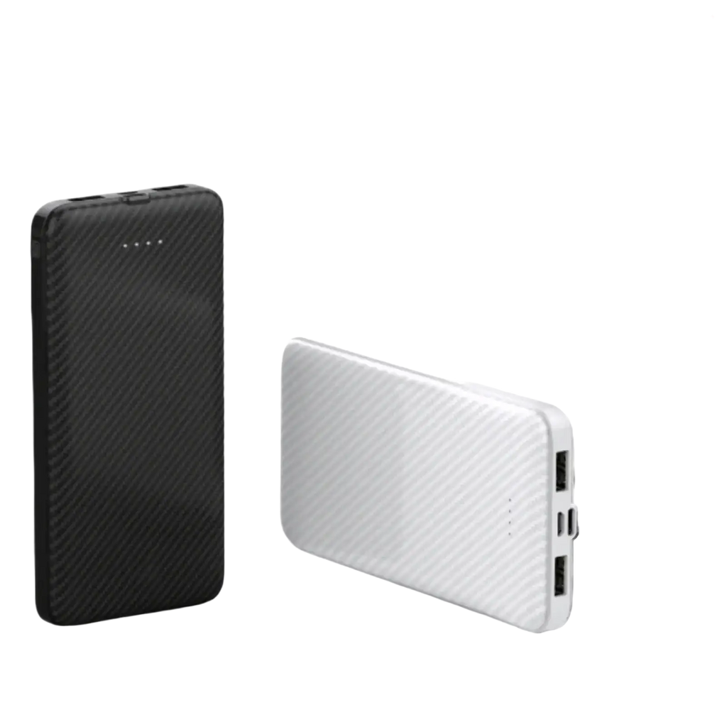 Black and white carbon fiber portable power banks with textured surface and dual USB ports for charging devices