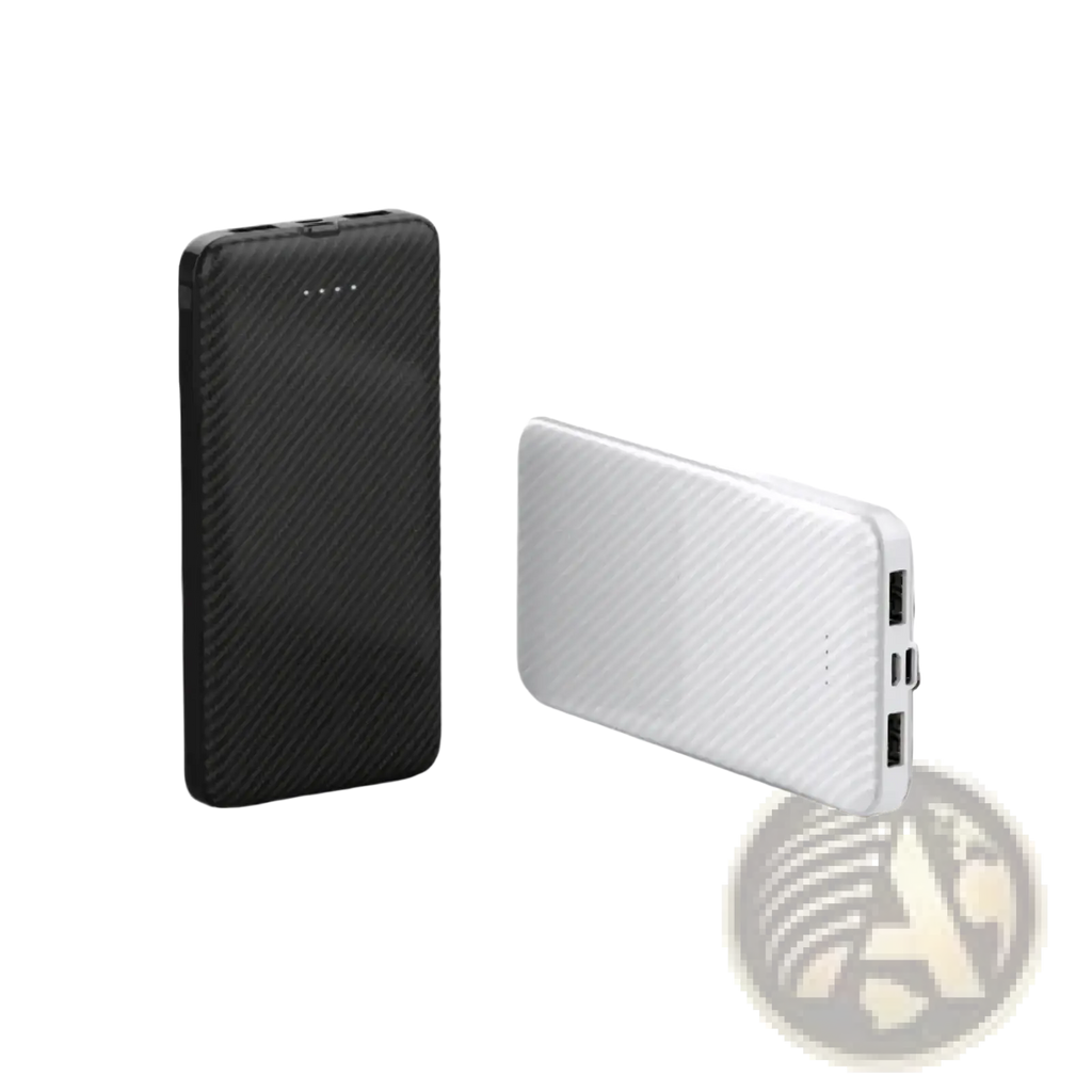 Black and white carbon fiber portable power banks with textured finish and dual usb for convenient device charging