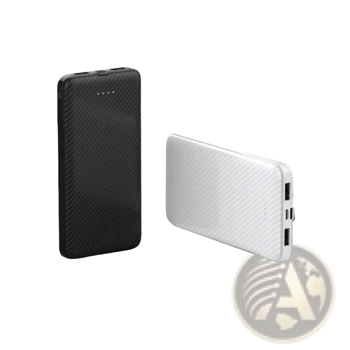 Black and white carbon fiber portable power banks with textured finish and dual usb for convenient device charging