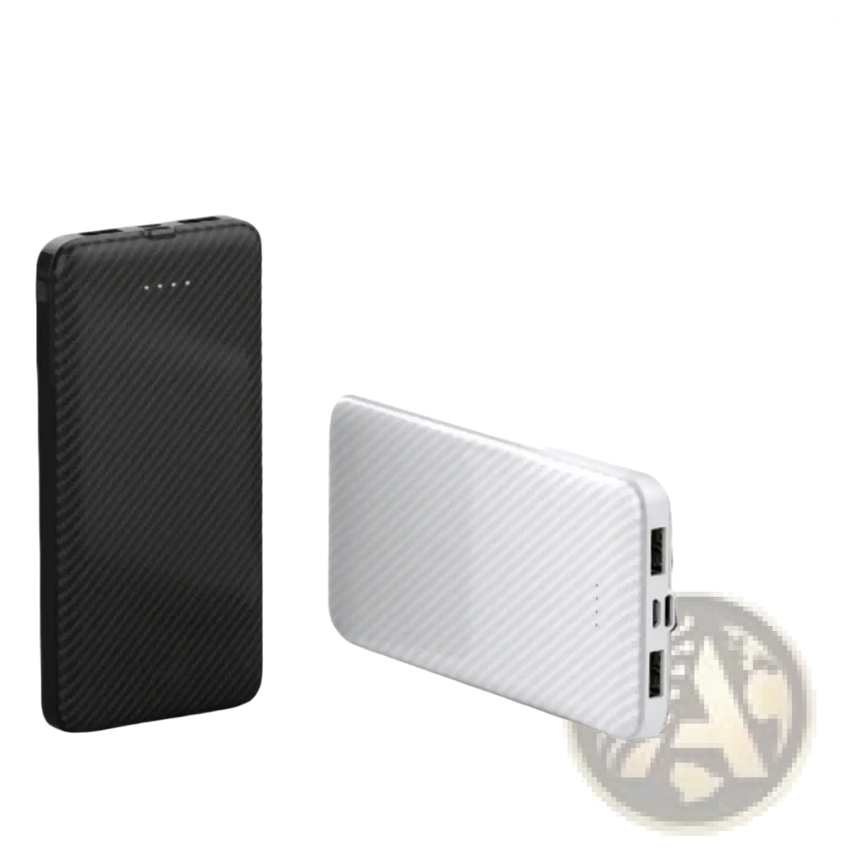 Black and white carbon fiber portable power banks with textured surface and dual USB ports for charging devices