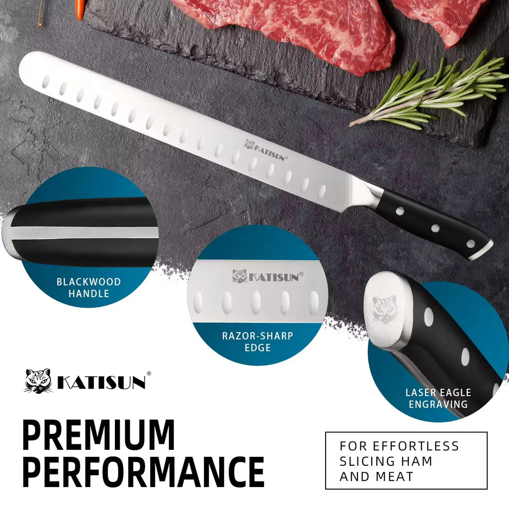 Katisun carbon steel 10 inch chef knife with blackwood handle and laser eagle engraved stainless steel blade