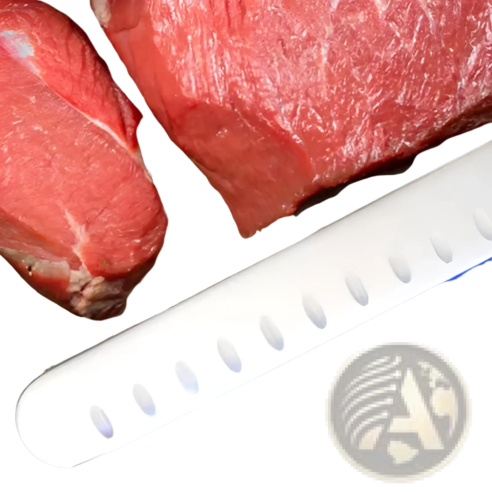 A sleek white carbon steel 10 inch chef knife with ergonomic design and oval cutouts for meat and ham