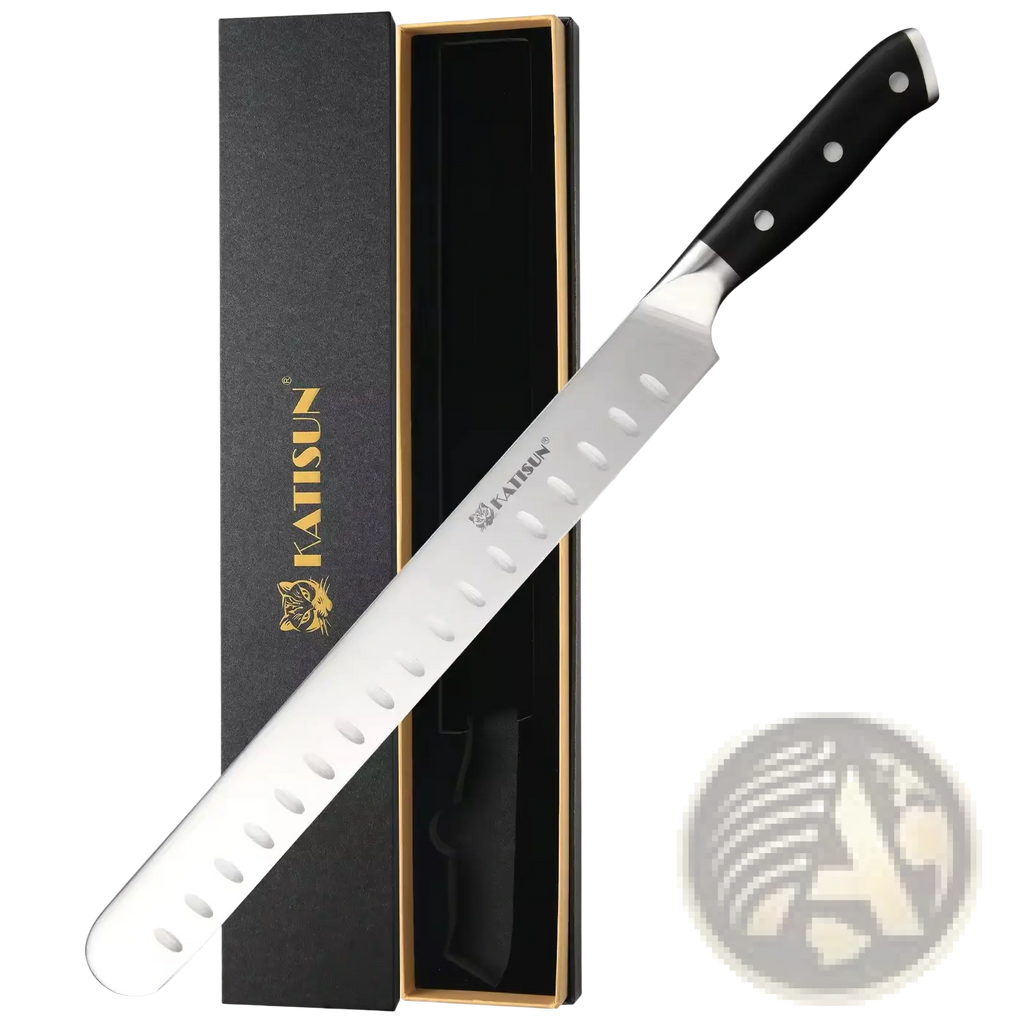 Carbon steel 10 inch chef knife with sleek stainless steel blade and black handle with three silver rivets for meat and ham