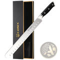 Carbon steel 10 inch chef knife with sleek stainless steel blade and black handle with three silver rivets for meat and ham