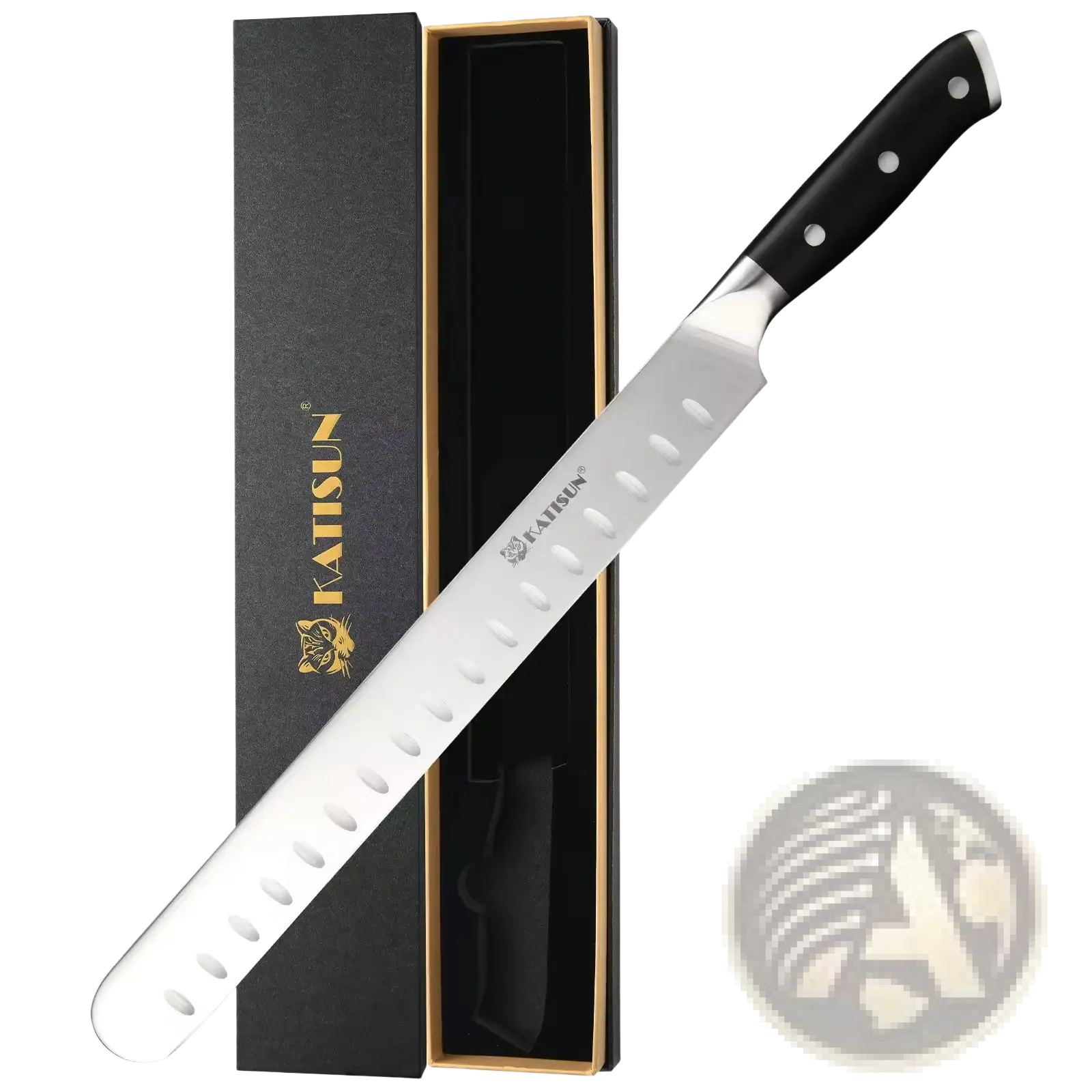 Carbon steel 10 inch chef knife with sleek stainless steel blade and black handle with three silver rivets for meat and ham