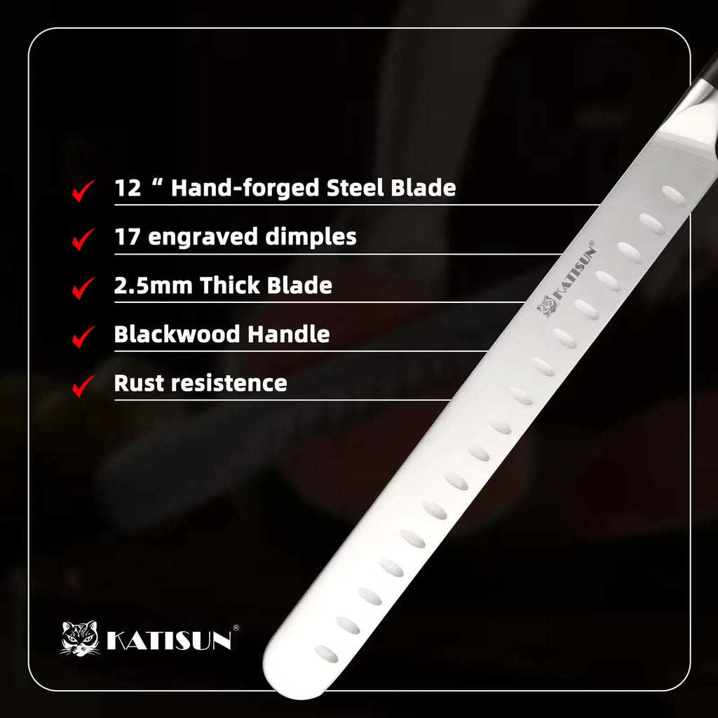 Carbon steel 10 inch chef knife with sleek hand-forged steel blade blackwood handle and 17 engraved dimples katisun logo
