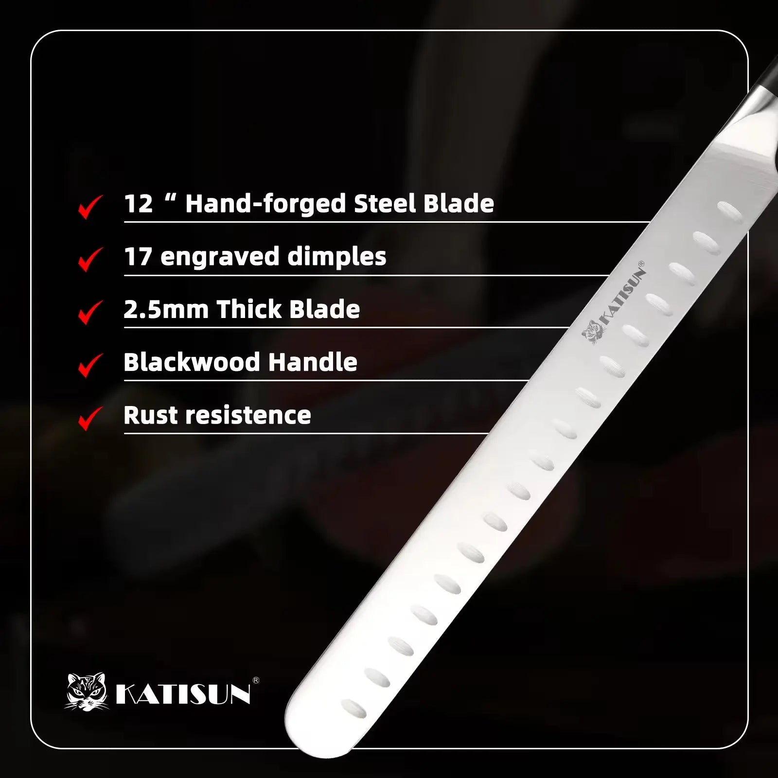 Carbon steel 10 inch chef knife with sleek hand-forged steel blade blackwood handle and 17 engraved dimples katisun logo