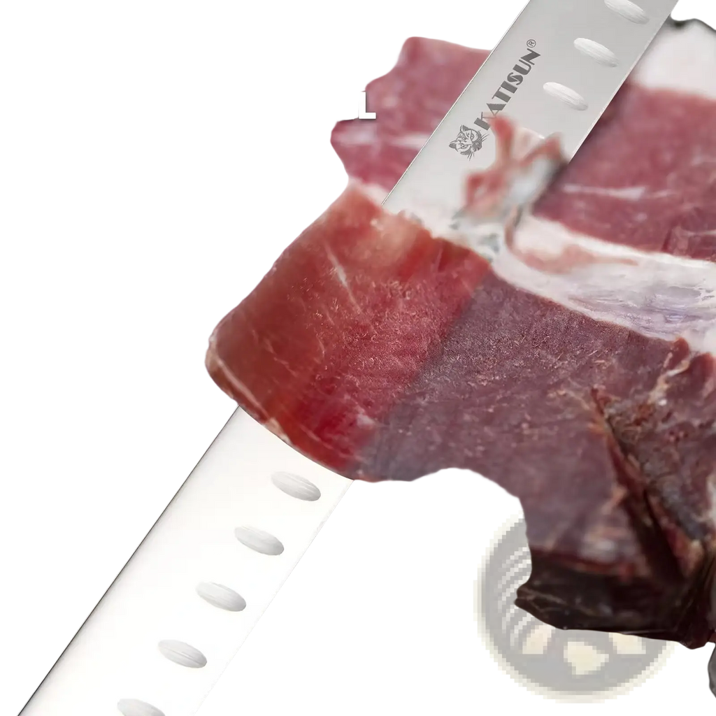 A sleek silver carbon steel 10 inch chef knife with damascus blade and ergonomic handle for meat and ham cutting
