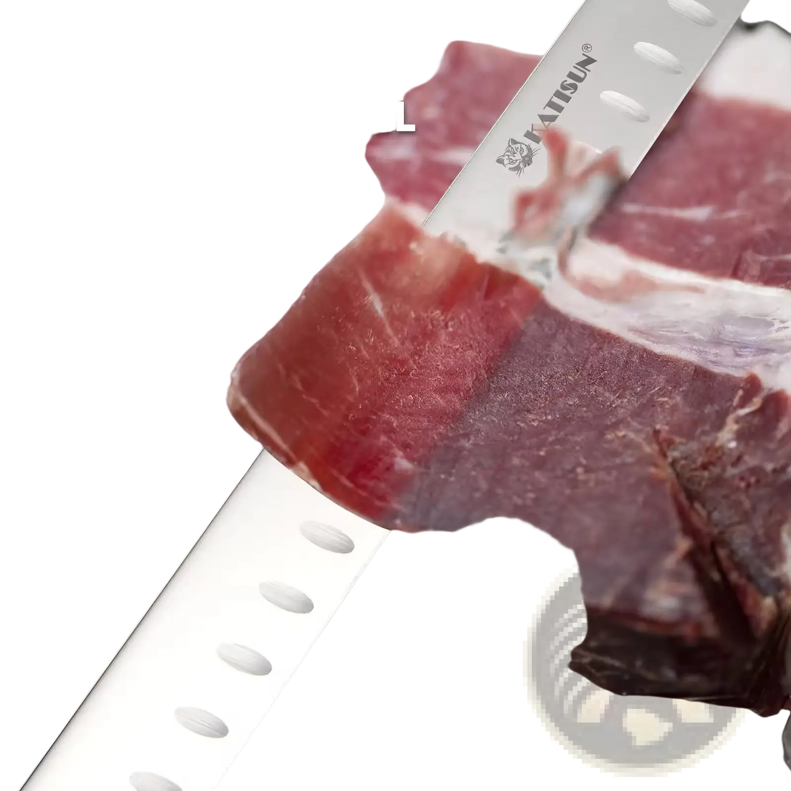 A sleek silver carbon steel 10 inch chef knife with damascus blade and ergonomic handle for meat and ham cutting