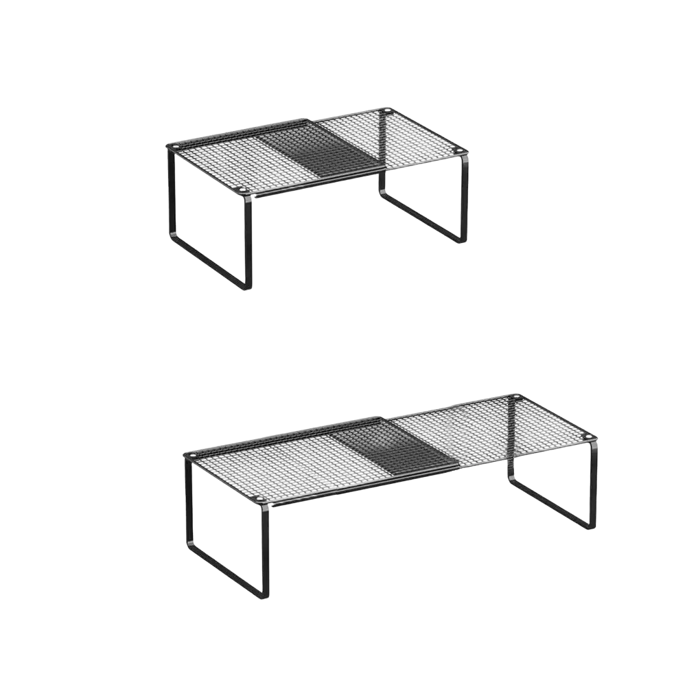 Black metal carbon steel mesh shelf with rectangular frame in two size options for adjustable stackable closet organization