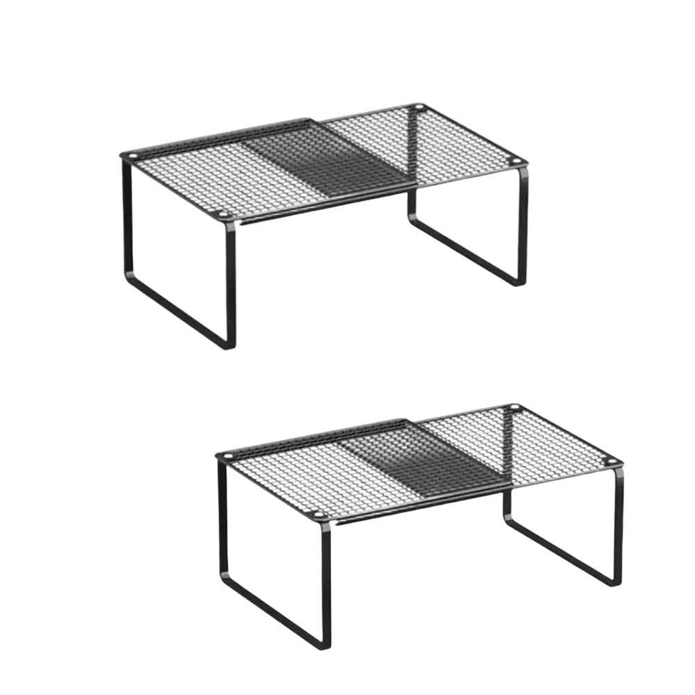 Black carbon steel mesh shelf with rectangular frame and two sections for adjustable stackable closet organization