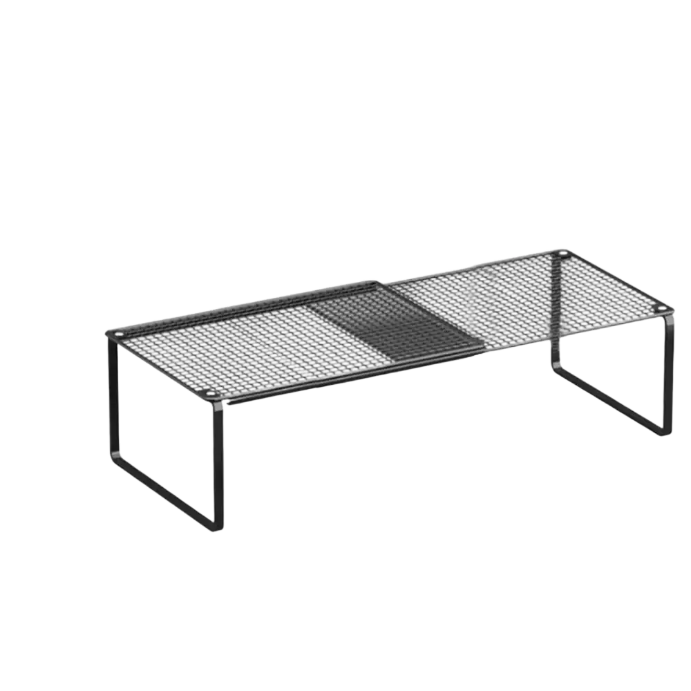 Black metal mesh desk organizer with adjustable height and dual-tiered design made of carbon steel for closet use