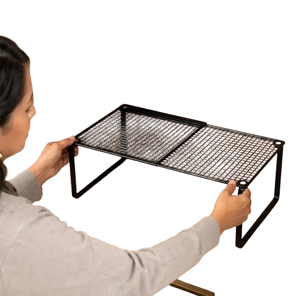 Black metal carbon steel mesh shelf with foldable design for adjustable stackable closet organization