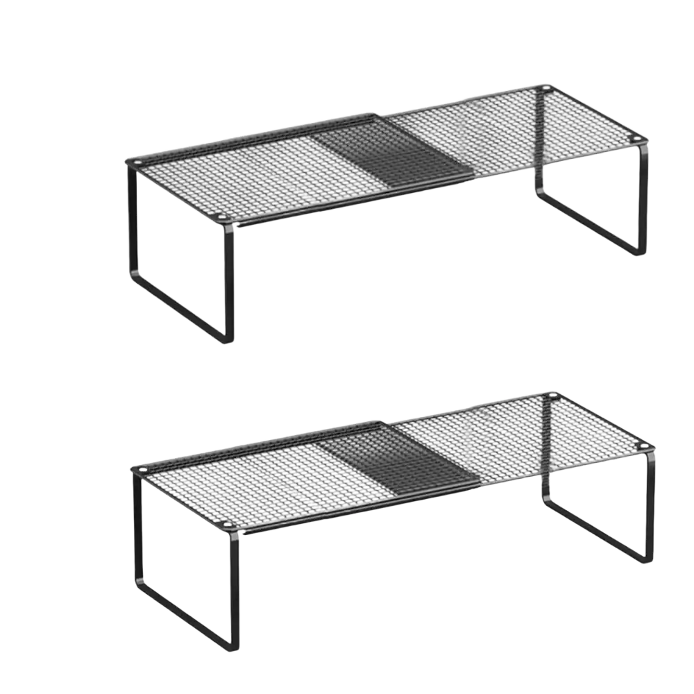 Black carbon steel mesh shelf organizer with adjustable stackable frame and sliding compartment for closet storage