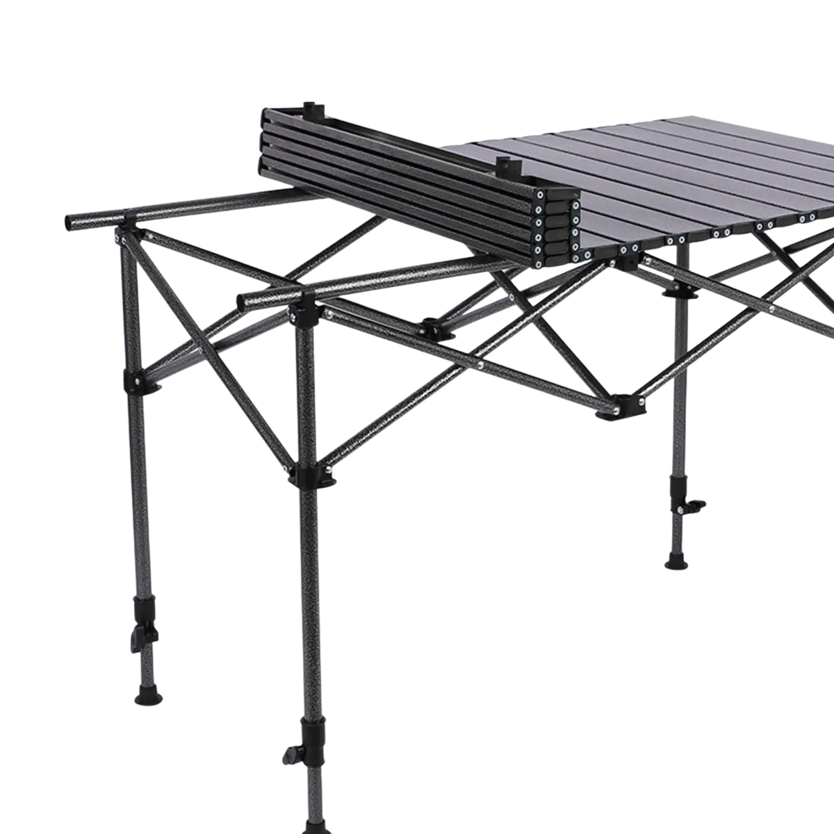 Black folding carbon steel camping table with portable storage design and sturdy metal frame for outdoor use