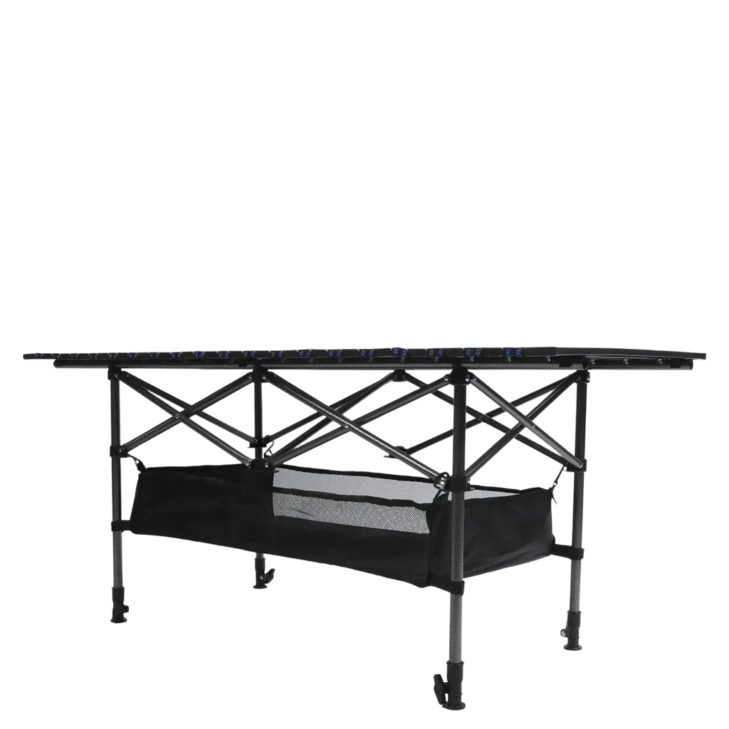 Black foldable carbon steel camping table with mesh storage basket underneath for outdoor use folding table