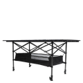 Black foldable carbon steel camping table with mesh storage basket underneath for outdoor use folding table