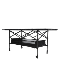 Black foldable carbon steel camping table with mesh storage basket underneath for outdoor use folding table