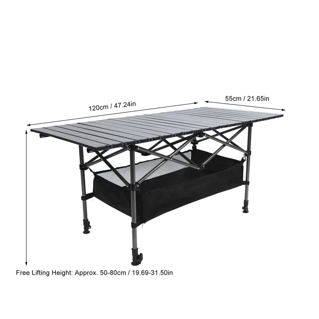 Black carbon steel folding camping table with slatted metal top collapsible legs and attached mesh storage bag underneath
