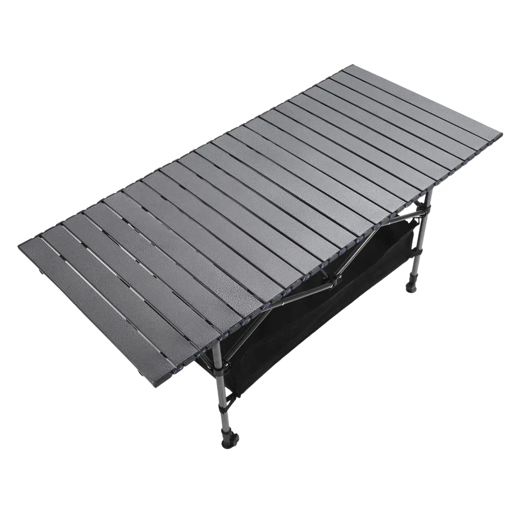 Black carbon steel folding camping table with textured slatted surface and metal legs for outdoor use