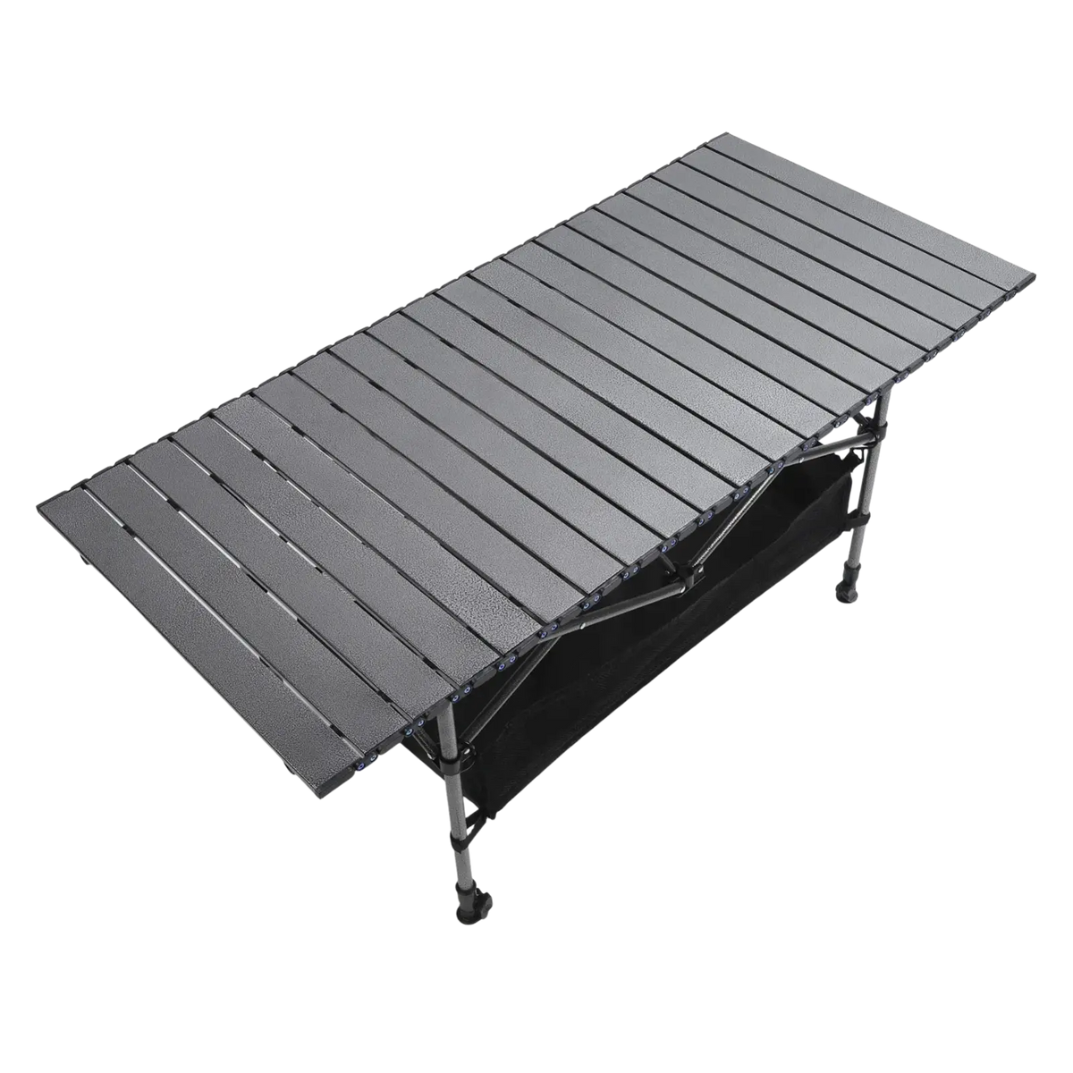 Black carbon steel folding camping table with textured slatted surface and metal legs for outdoor use