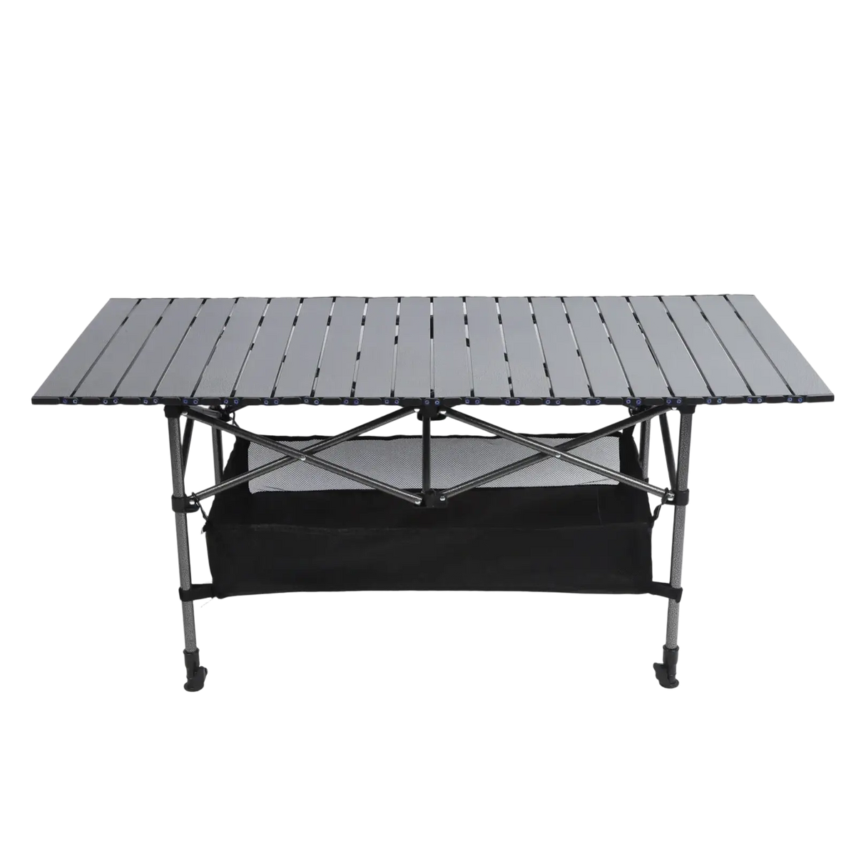 Gray slatted folding camping table with black carbon steel legs and storage bag underneath for outdoor use