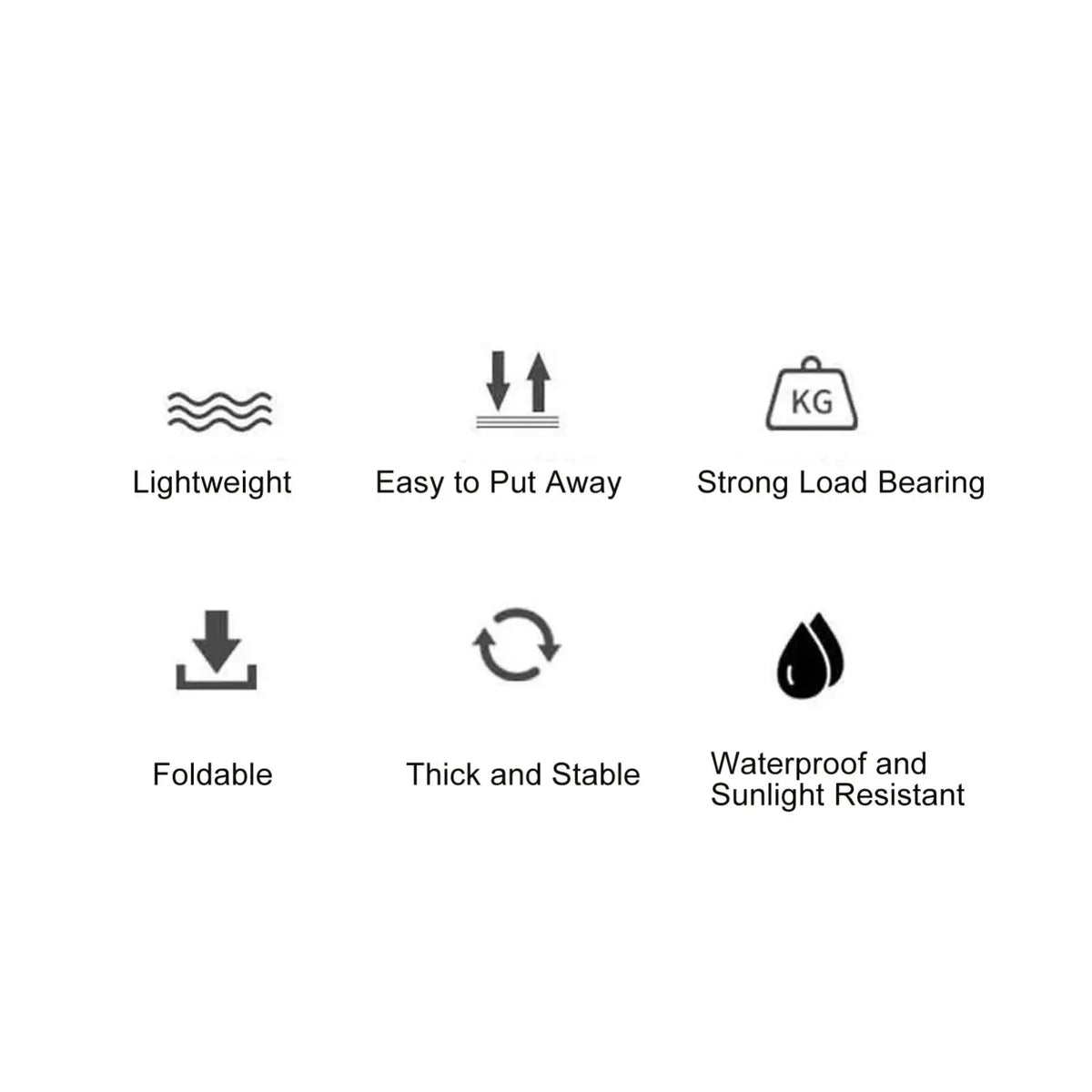 A minimalist white graphic showing six black icons with text describing features of a carbon steel folding camping table