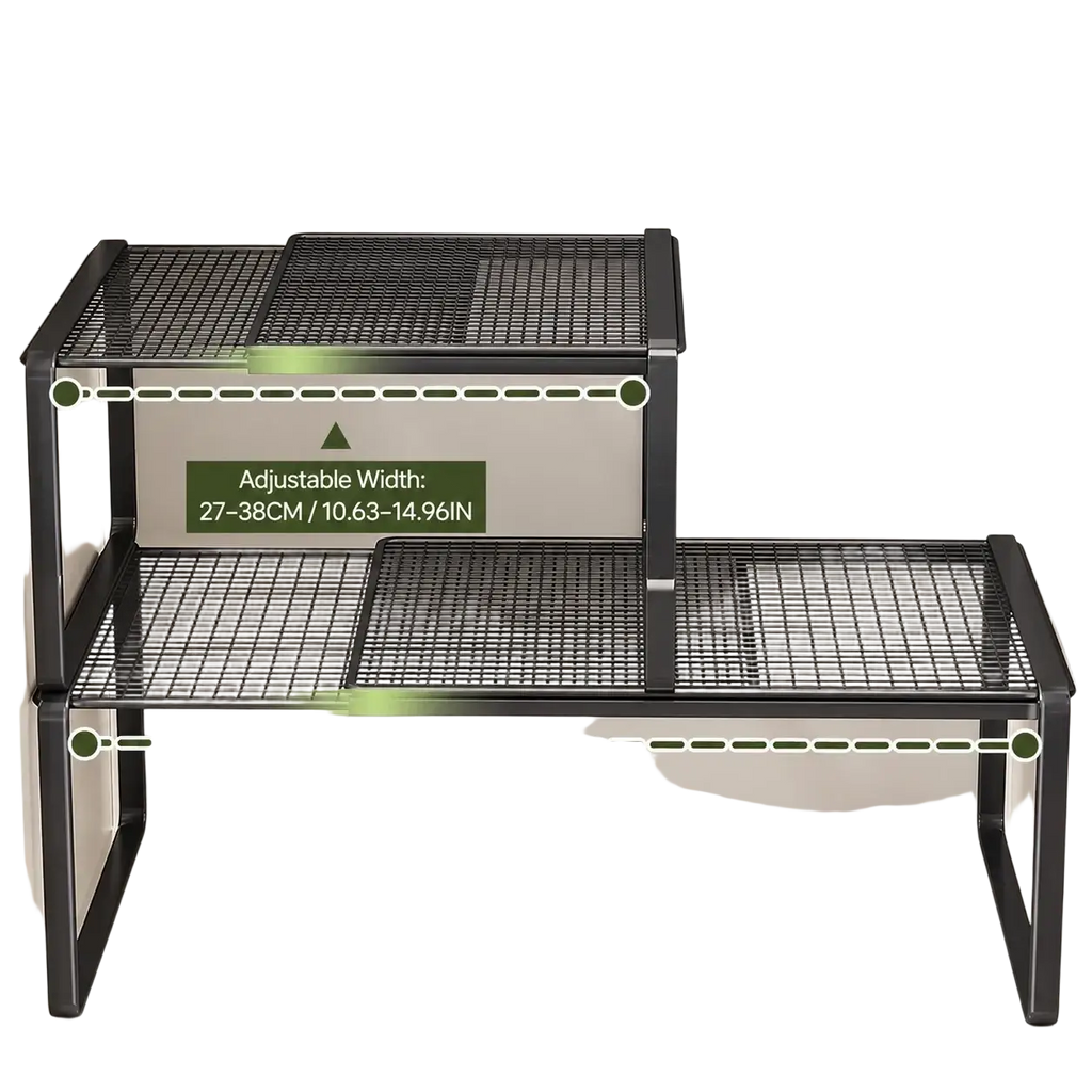 Black metal carbon steel mesh storage rack with adjustable width shelves for expandable closet organization