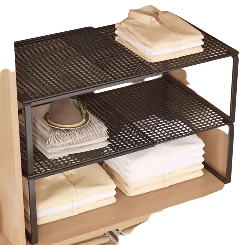 Carbon steel expandable closet shelf organizer black metal mesh shelving unit with grid pattern for storage
