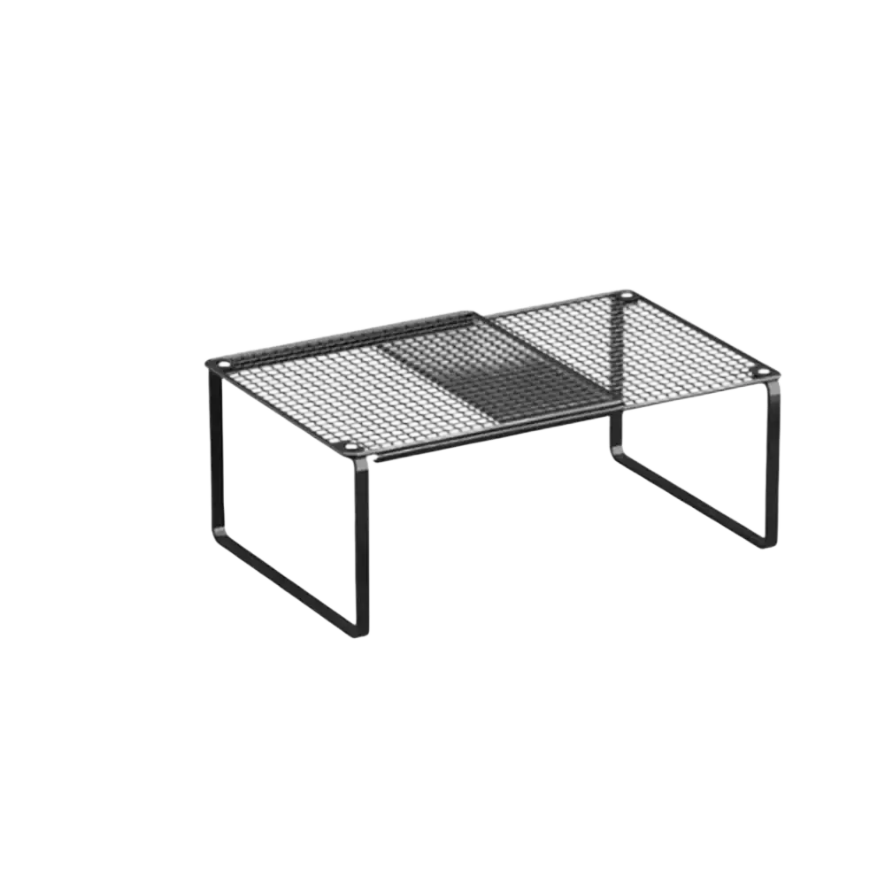 Black carbon steel expandable closet shelf organizer with rectangular frame mesh rack and two storage tiers