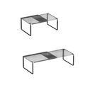 Black carbon steel expandable closet shelf organizer with mesh design and rectangular frame in two size options