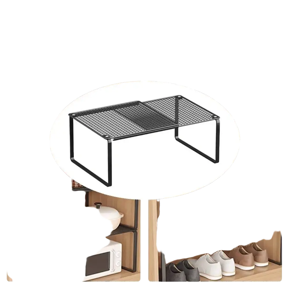 Black metal carbon steel expandable closet shelf organizer with grid pattern and sturdy frame for efficient storage