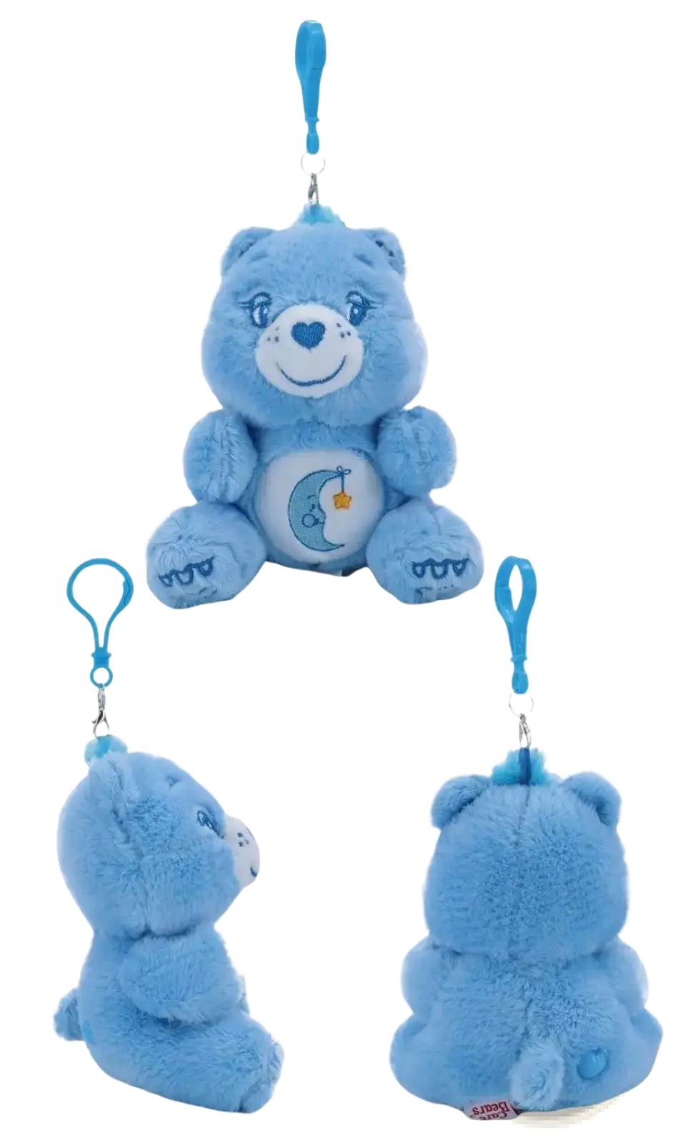 Care bears plush bag pendant keychain toy in soft light blue with a heart-shaped nose and crescent moon belly design