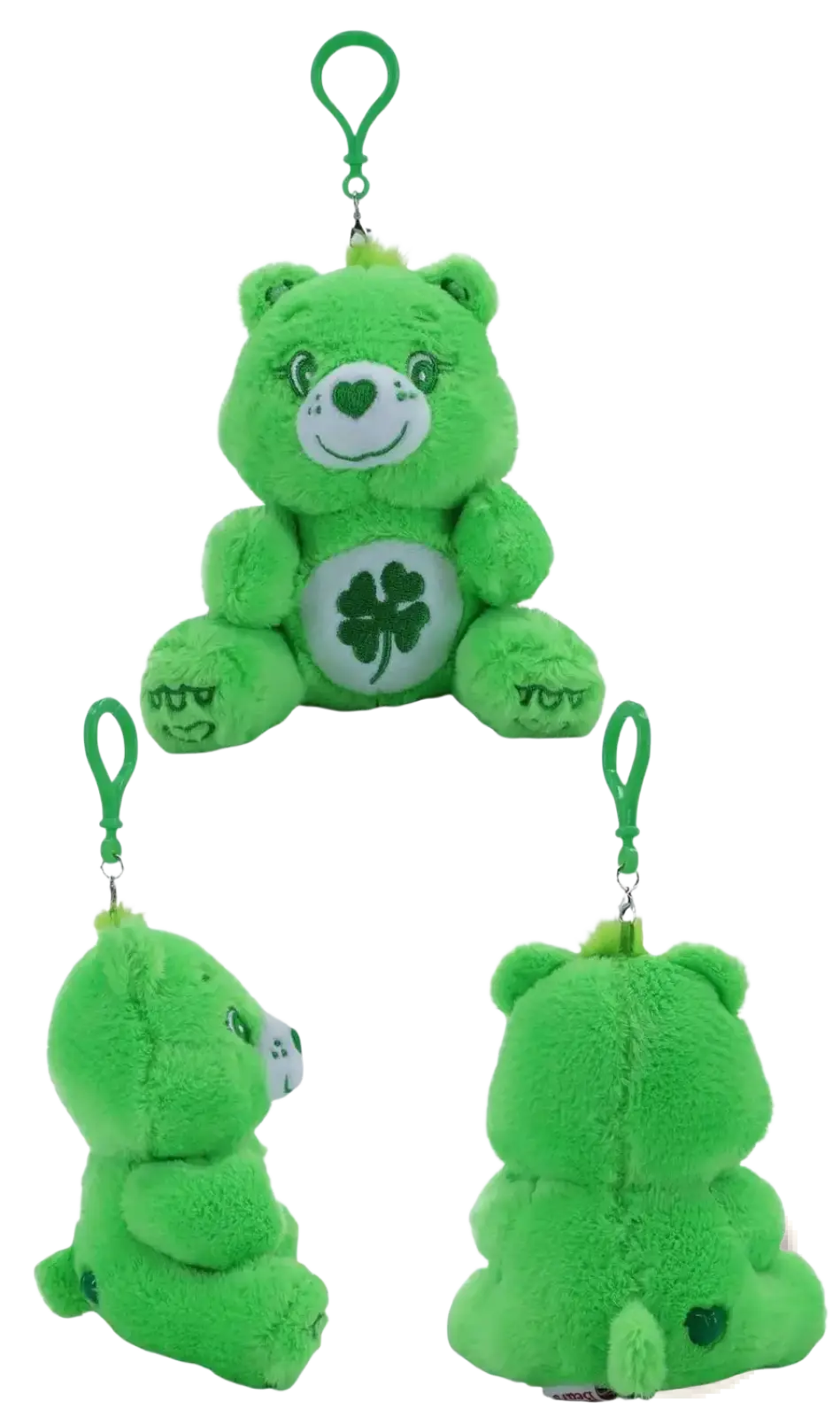 Green plush care bears bag pendant keychain toy with white four leaf clover belly and top clip for attachment