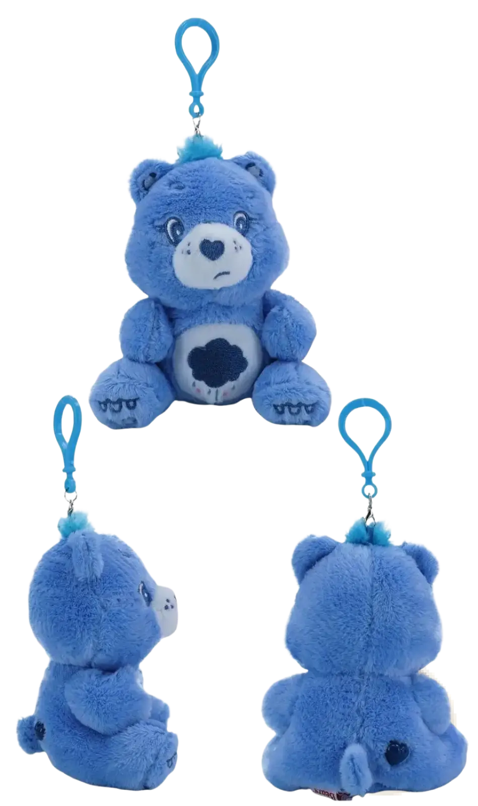 Blue plush care bears bag pendant keychain toy featuring a white face black heart nose and dark blue cloud belly