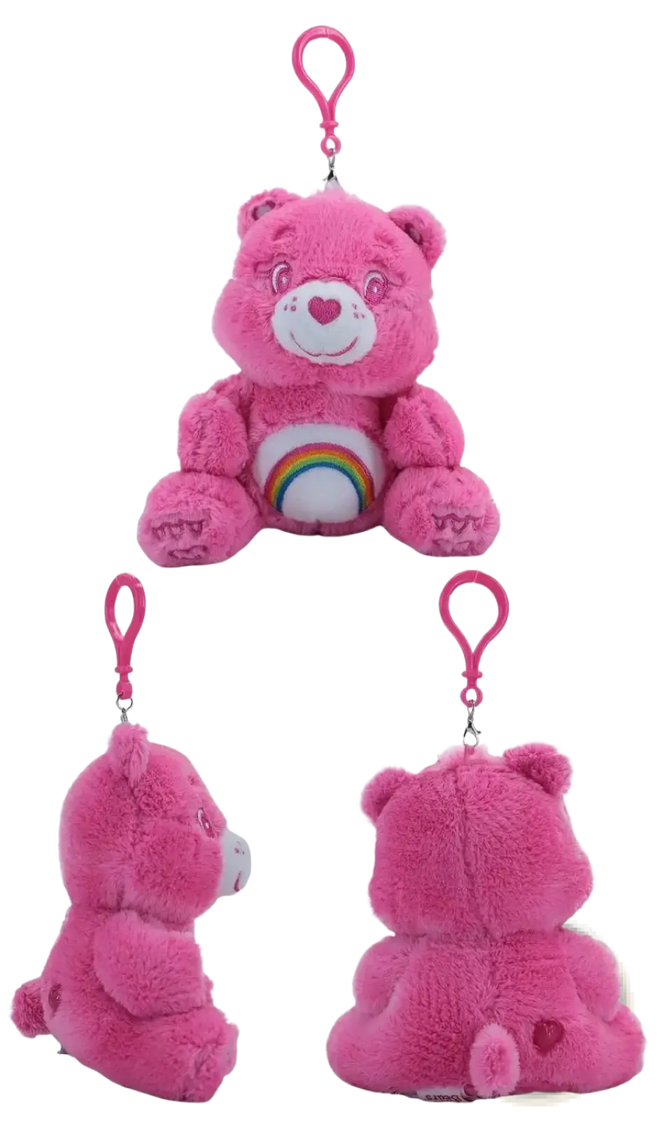 Pink plush care bears bag pendant keychain toy featuring a rainbow belly badge and heart shaped nose