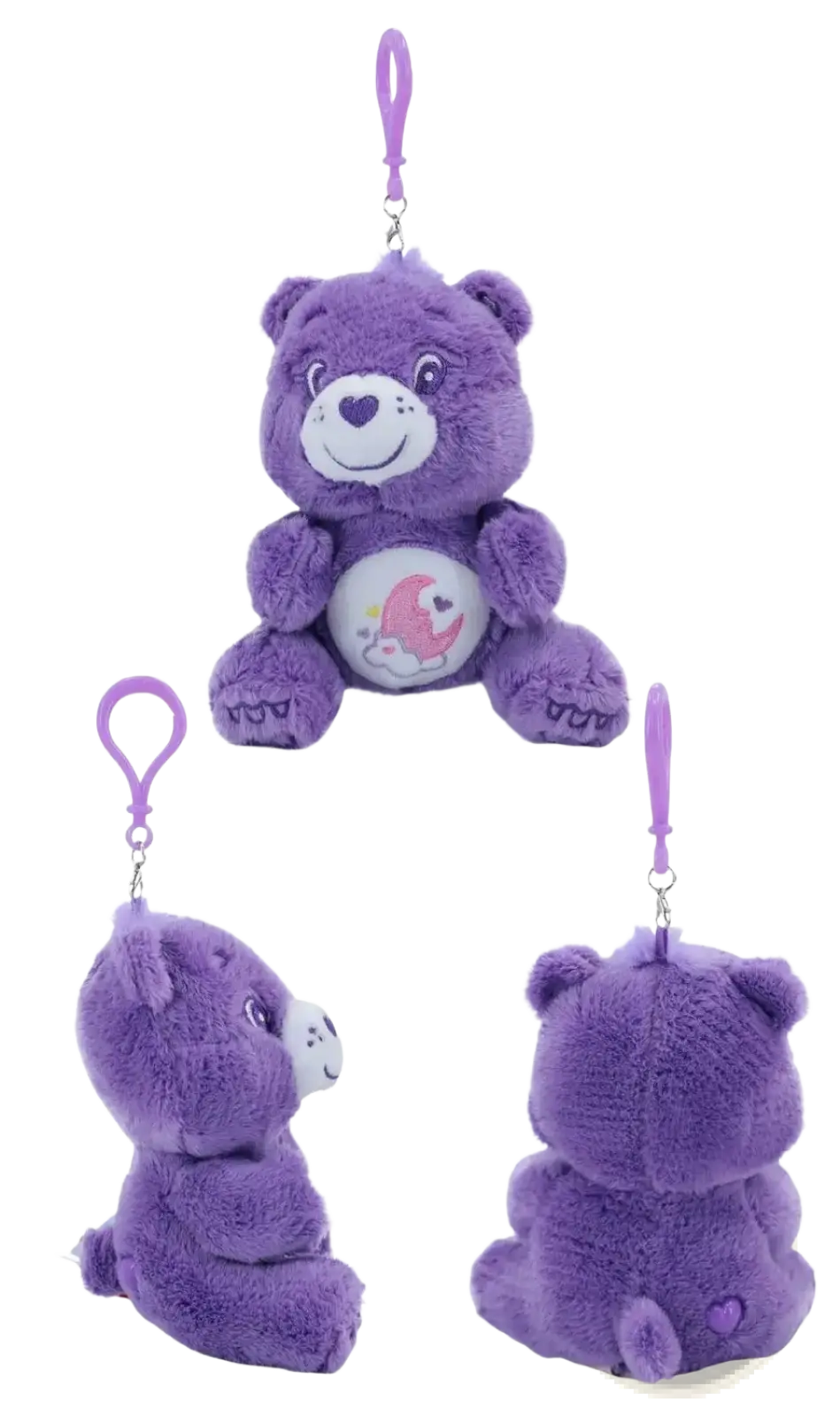 Purple care bears plush bag pendant keychain toy featuring soft fuzzy texture embroidered face and pink crescent moon belly design
