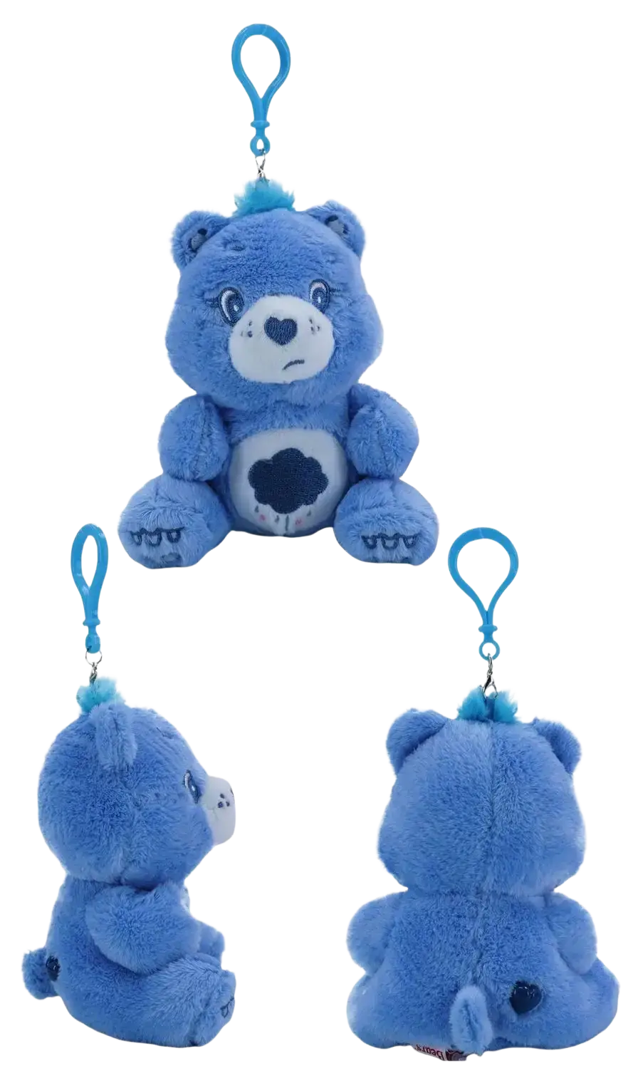 Blue plush care bears bag pendant keychain toy featuring a white face black heart nose and dark blue cloud belly